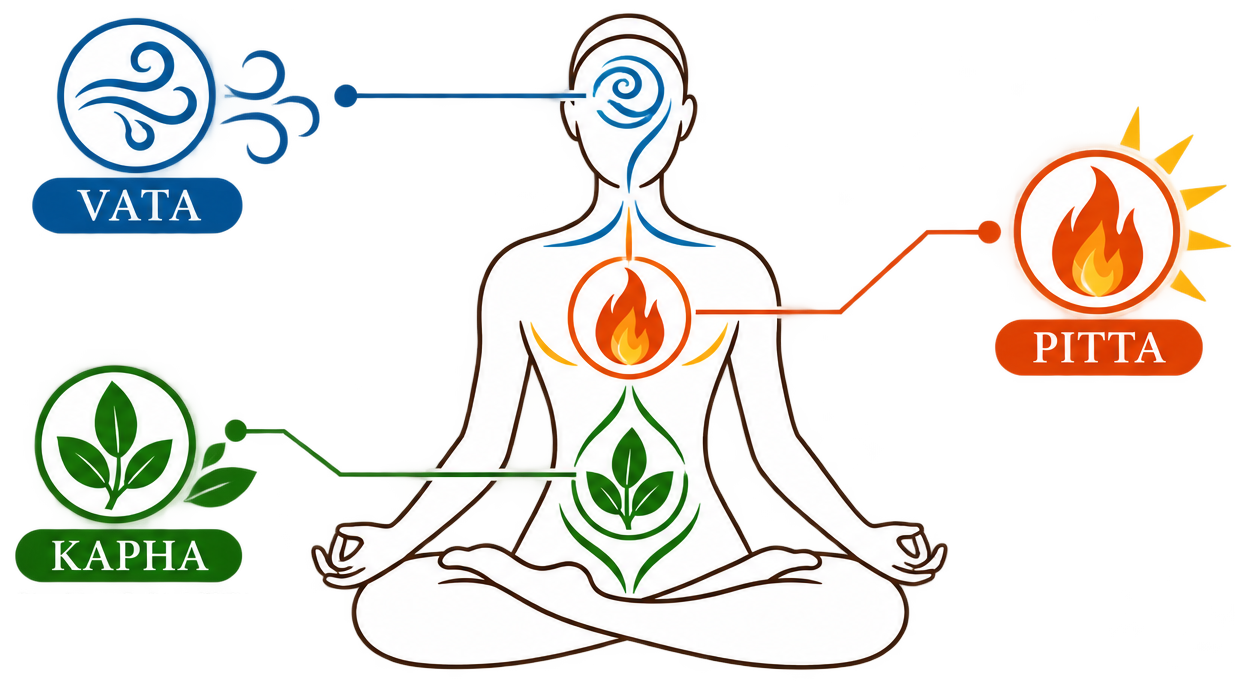 Tri-Dosha: Vata im Kopf, Pitta in der Brust, Kapha im Unterleib